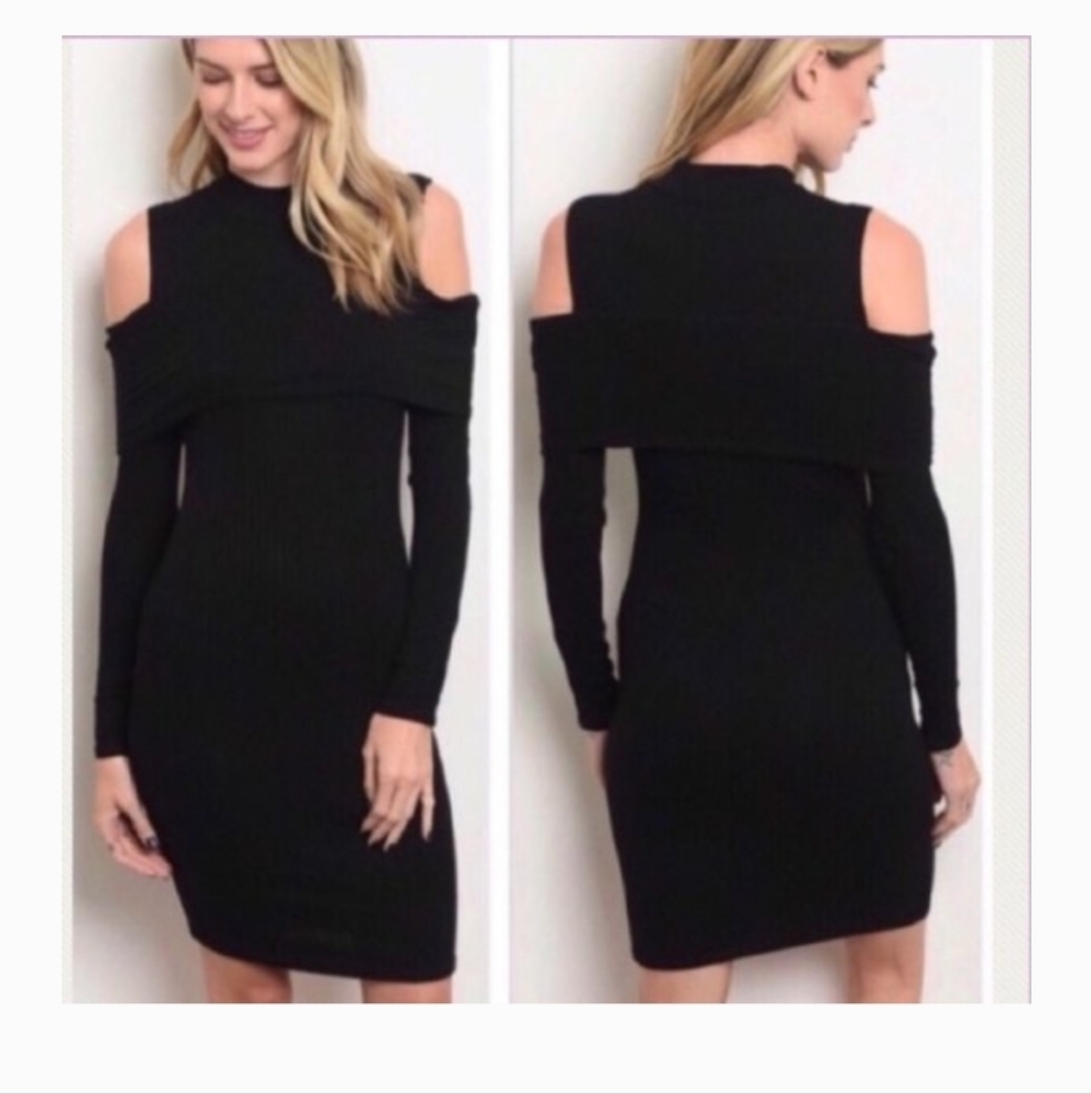 CY Fashion Ribbed Bodycon Black Cold Shoulder, Long Sleeve Fitted Dress hp 10x🔥 - Picture 13 of 13